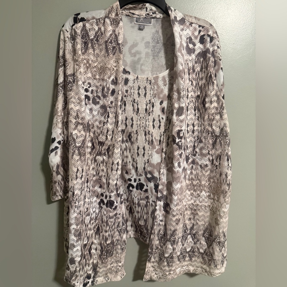 JM Collection Neutral Animal-Print Embellished Beige and Taupe Blouse XL NWT